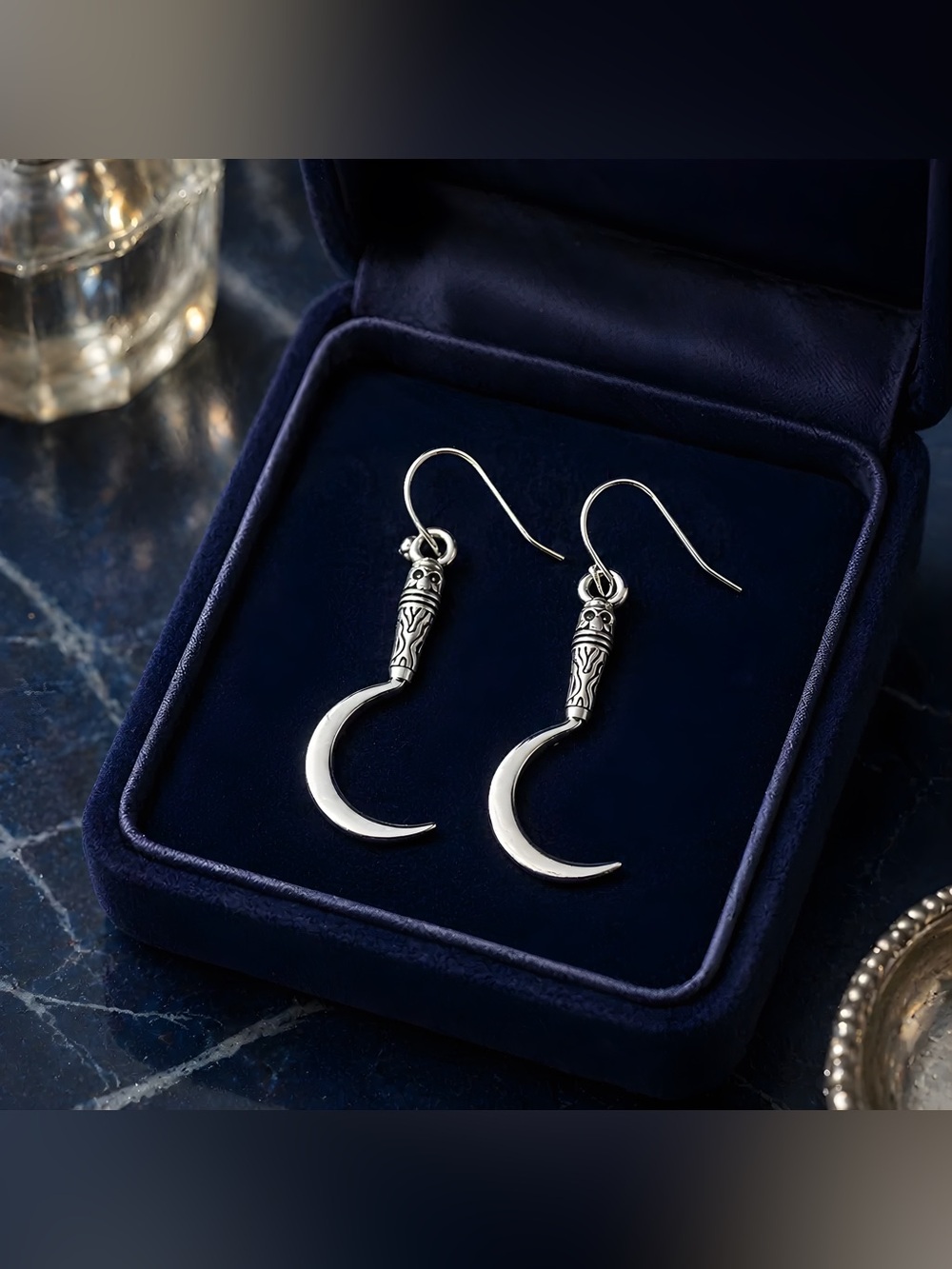gothic-style sickle scythe earrings 
Hypoallergenic hooks